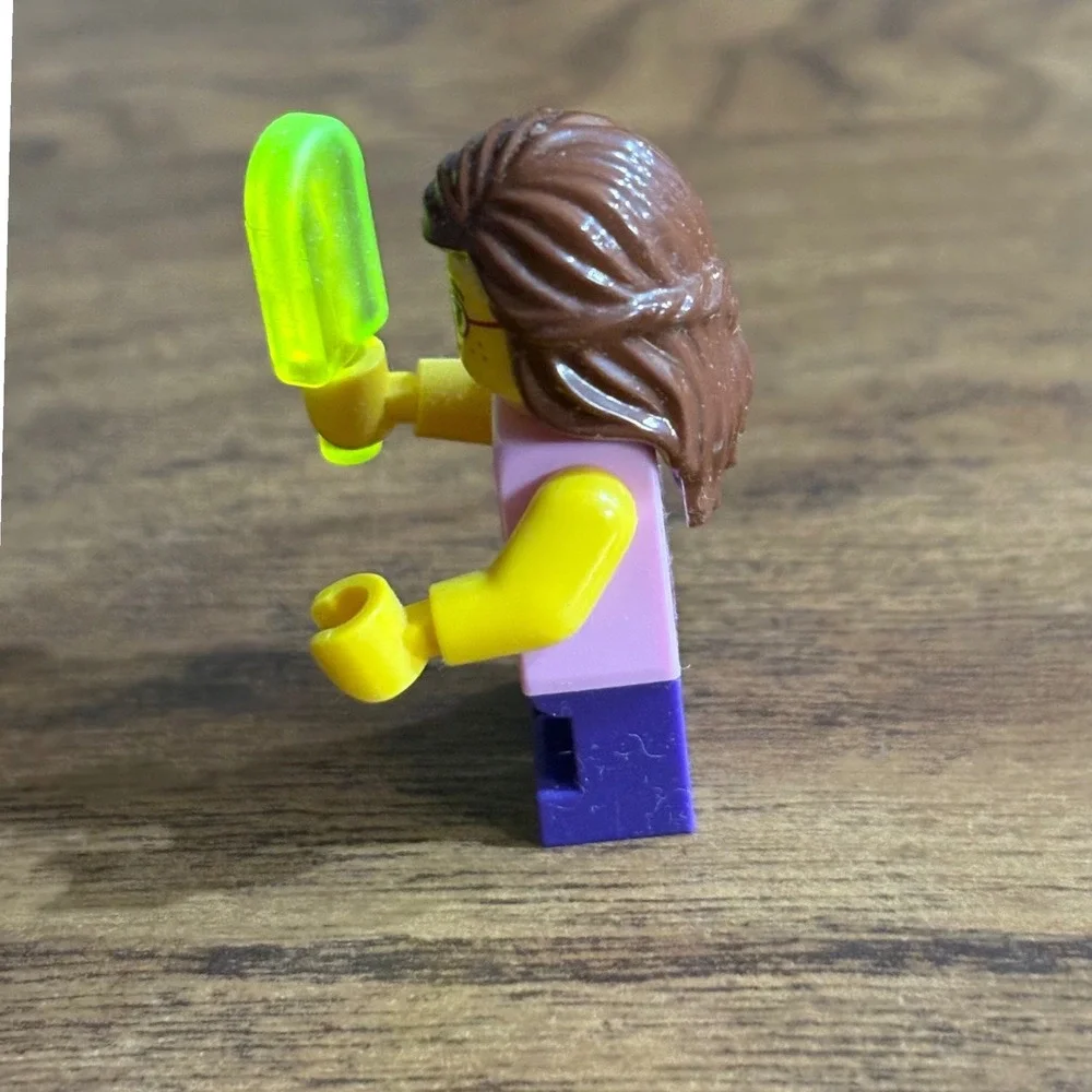 LEGO Minifigure Girl with Red Glasses Brown Hair Butterfly Top and Popsicle